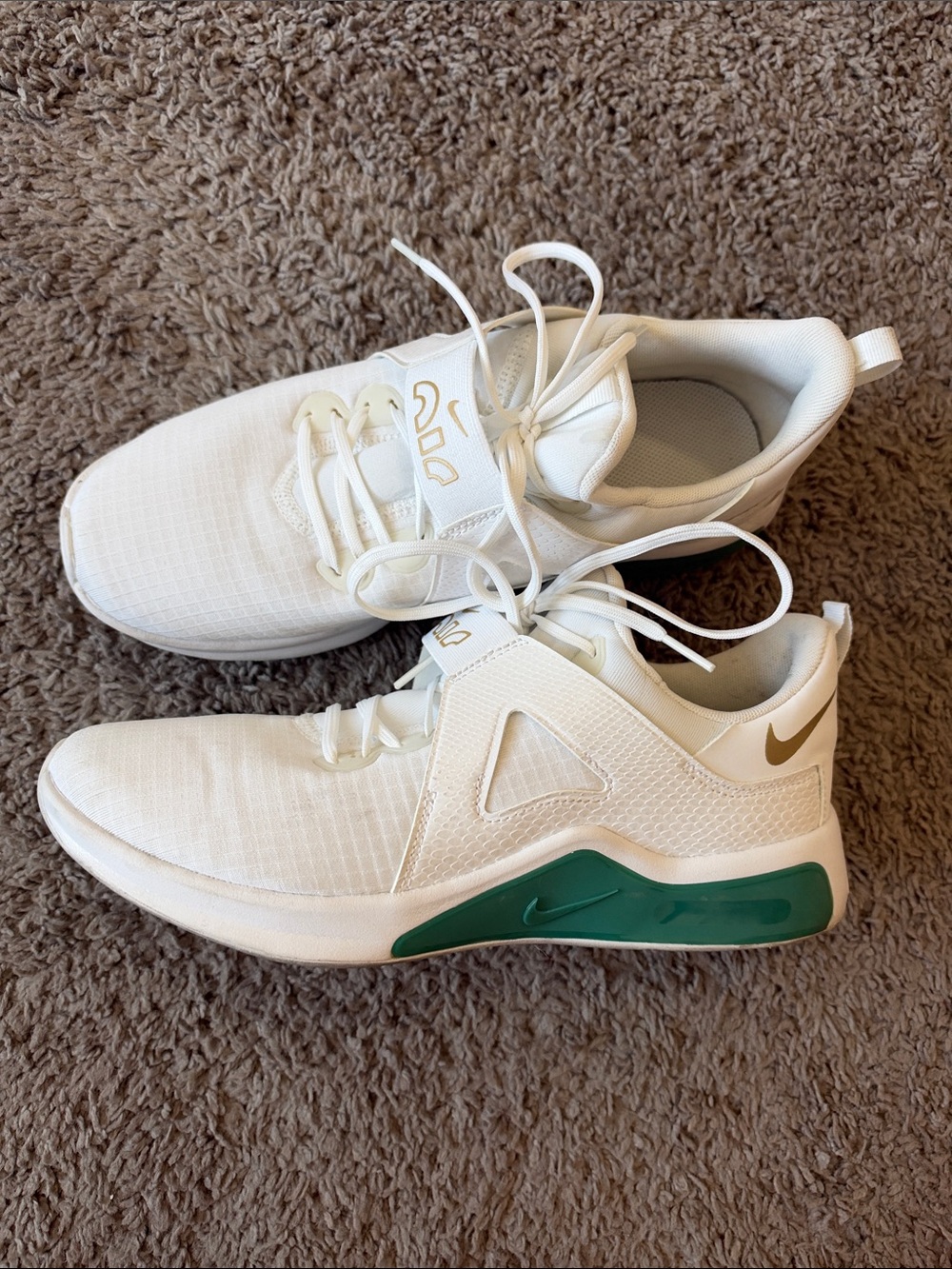 Nike White Sneakers with Green Midsole and Gold Swoosh